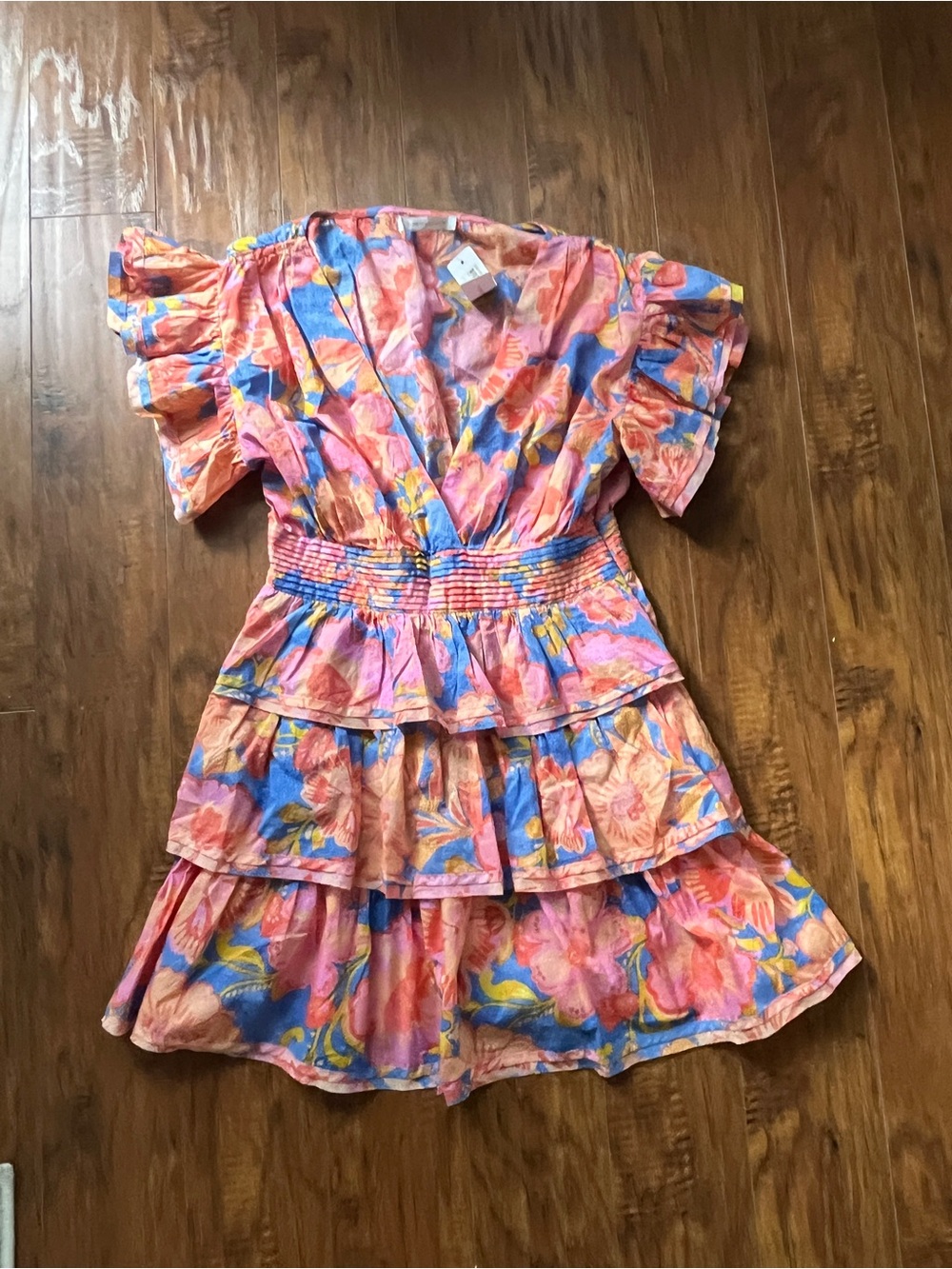 Floral Tiered V-Neck Women's Dress in Pink and Blue